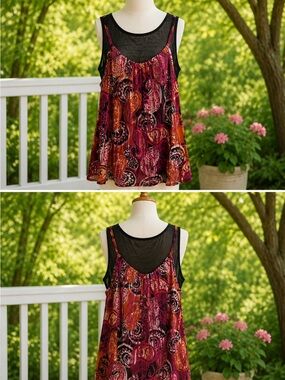Boho Printed Layered Tank Top - Pink & Orange
